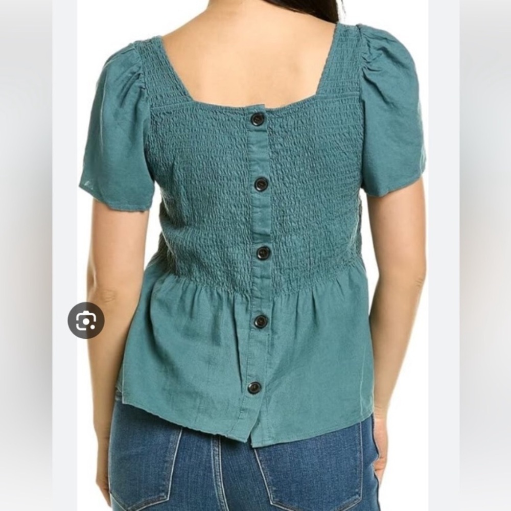 Madewell Blue Linen-Blend Lucie Smocked Peplum Top Blouse XS - Picture 2 of 9